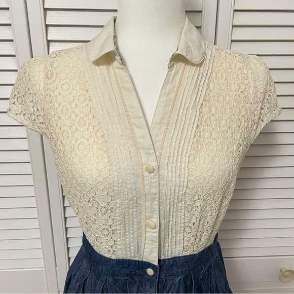 Anthropologie HD in Paris Ivory Chambray Lace and Denim Dress Country Size 8 - Picture 2 of 15